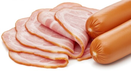 Sliced deli meats and sausages arranged on a clean white background