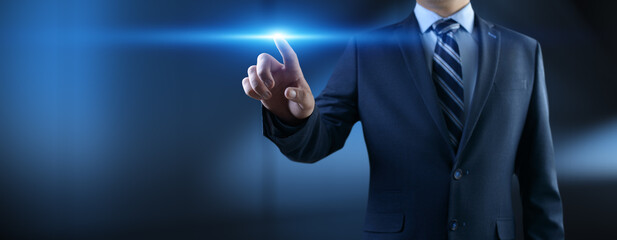 Businessman pressing button on virtual screen, Innovation and Digital Touch Interaction on...