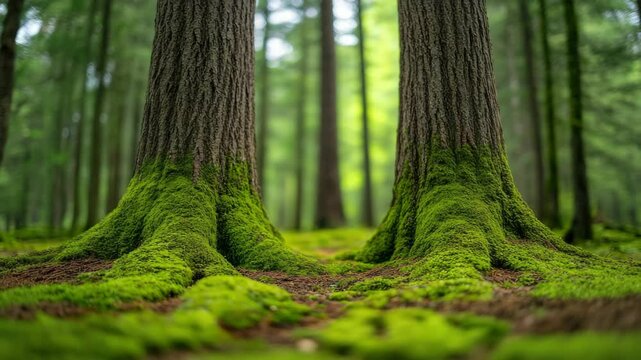 Lush greenery and vibrant sunlight illuminate tranquil forest, where thick roots of towering trees intertwine with soft moss, creating serene landscape of natures beauty.