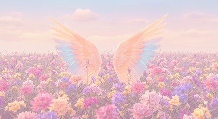 Ethereal pastel wings emerging from a vibrant flower field under soft clouds