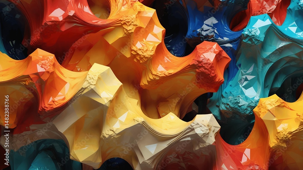 Poster abstract multicolored polygonal structures create a visually intriguing and modern textured design.