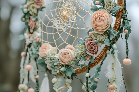 Beautifully crafted dream catcher adorned with delicate fabric flowers and bohemian details