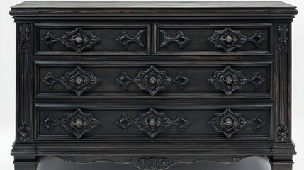 Ornate black chest of drawers with decorative pulls and carved wood details. Use for home decor, furniture ads or vintage design projects.