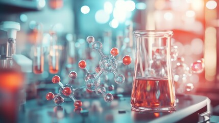 Futuristic 3d science background featuring molecular structures, digital data streams, and abstract geometric elements in blue tones for high-tech research, innovation, and technology-themed visual de