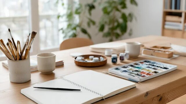 artist tools on a wooden table desk video 