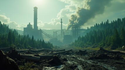 Fototapeta premium Industrial plant with tall chimney emitting smoke in a forest valley with deforested foreground and hazy sky. Industry and environmental impact concept