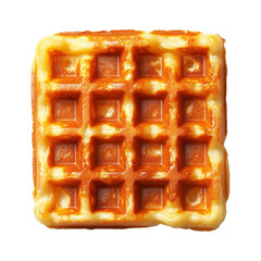 Square golden waffle with crispy edges and soft center isolated on white transparent background. Concept of breakfast or snack food