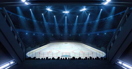 Entrance to floodlit sports arena full of cheering fans with ice hockey rink before match. Professional ice hockey 3D render for advertisement background.