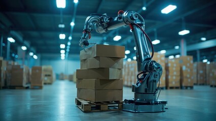 Industrial robot arm with a claw reaching towards cardboard boxes on a wooden pallet inside a large warehouse. Industrial automation and grasping concept