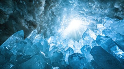 Cool-toned rays of light shining through an icy cave, illuminating sparkling crystals.