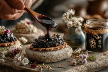 Unusual Dark Spread (Black Garlic) on Cracker with Floral Garnish and Stone Base