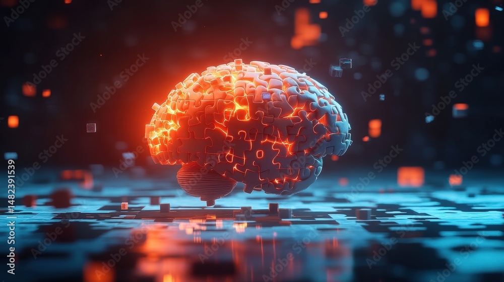 Poster create a brain icon designed in a puzzle style, where the pieces are coming together to form the sha