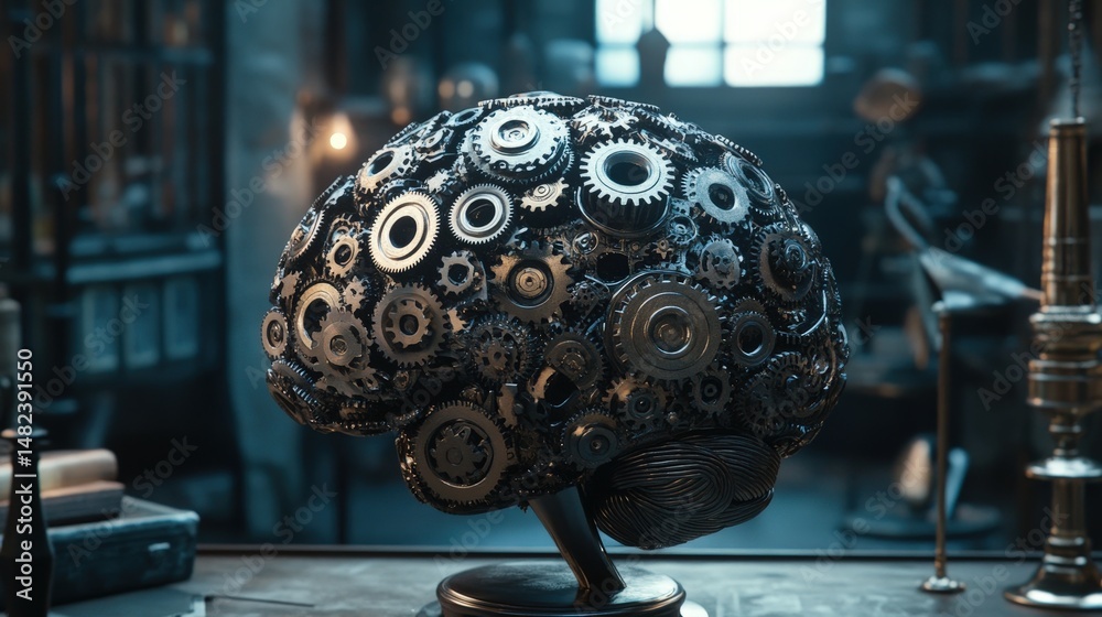 Poster create a brain icon filled with patterns of gears, signifying analytical thinking and logic.