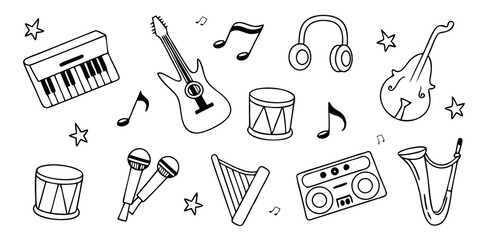 Fototapeta premium Music doodle, simple hand-drawn decorative illustrations with piano, guitar, drums, headphones, saxophone, and more stock illustration