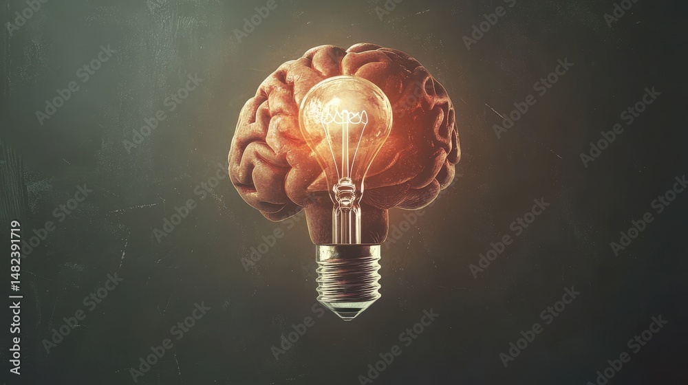 Poster create a brain icon that merges with a lightbulb, symbolizing the connection between thoughts and id