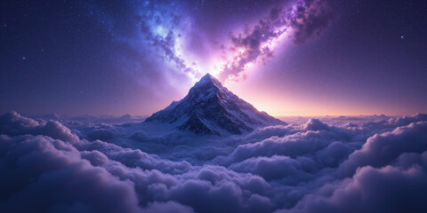 A mountain peak surrounded by swirling clouds and glowing stars for celestial and creative visuals. A sharp mountain peak juts