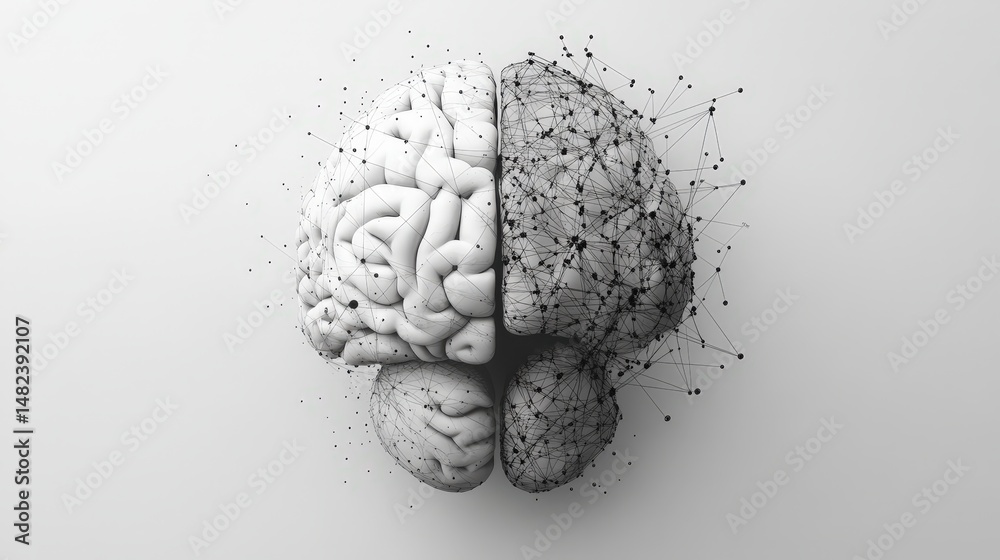 Poster create a brain icon with half of it showing realistic anatomy and the other half being a pattern of 