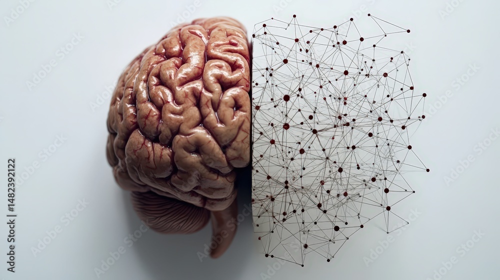 Poster create a brain icon with half of it showing realistic anatomy and the other half being a pattern of 