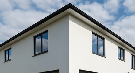 Crisp White Building Corner with Black Framed Windows Reflecting Cloudy Blue Sky