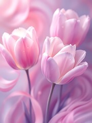 Obraz premium Digital painting of pastel tulips with velvety petals and water droplets. Dreamy floral art with pink and purple splashes. Perfect for romantic and decorative design concepts