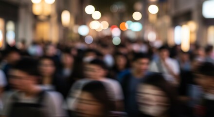Fototapeta premium Blurred crowd of people walking at night city street with bokeh lights urban scene lifestyle photography