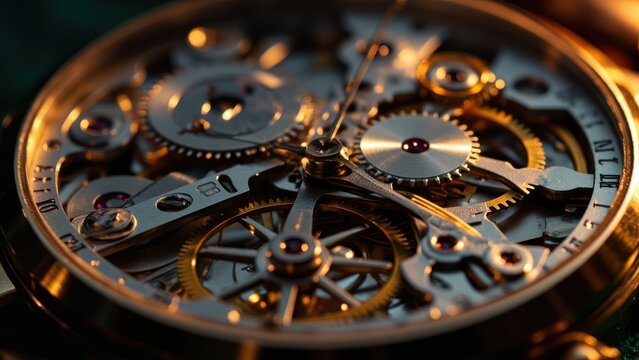 Extreme close-up of a watch mechanical movement showing intricate metal gears jewels and components. Time and precision craftsmanship concept
