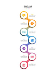 Timeline infographic featuring seven vertical, connected rounded shapes with a gradient from yellow to red. Each shape is labeled "STEP" with a number, contains an icon. Vector illustration.