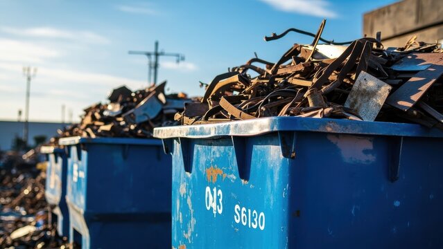Row of blue industrial dumpsters overflowing with scrap metal outdoors in a recycling yard with numbers written on the side. Scrap metal recycling and logistics concept