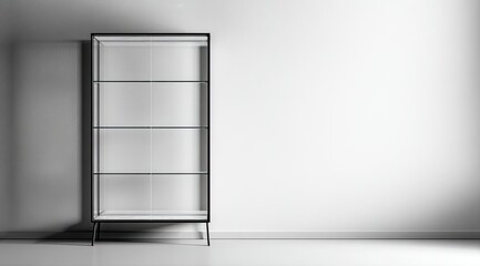 Empty glass-fronted display cabinet against a white wall.  Modern, minimalist design