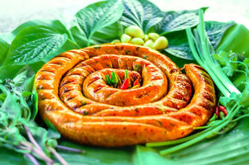 Food Series : Curry paste for making Northern Thai spicy sausage. Ingredients of Sai Aua. Brightly colored curry pastes are part of Thai food culture. Northern Thai grilled sausage.
