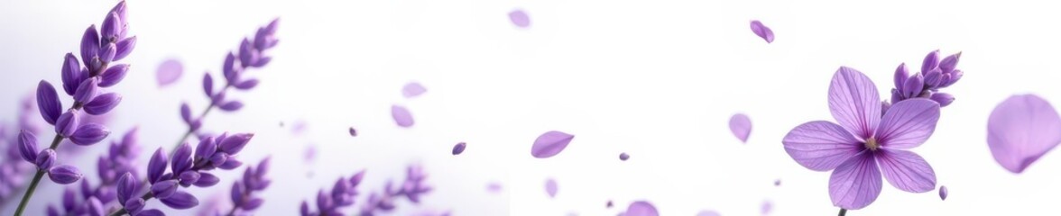 Obraz premium Isolated lavender flowers and falling petals on white, summer, isolated, spring