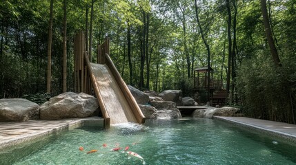 Wooden slide in a tranquil forest pool