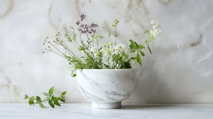 Elegant white marble bowl with delicate spring flowers arrangement home life calm decor table still