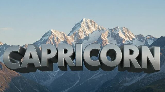 3D steel gray text 'CAPRICORN' with mountain background &mdash; resilient and ambitious.