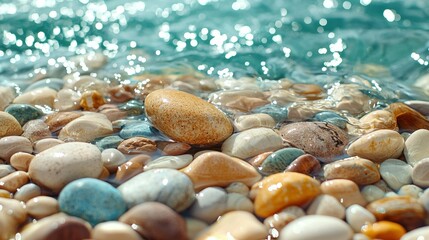 Pebbles & blue ocean water with sun bokeh reflections