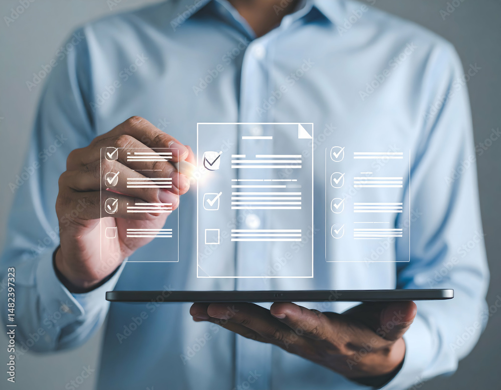 Poster man digitally checks items on a document displayed on a tablet