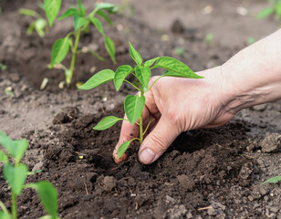  "Close-Up of Hands Planting Vegetable Seedlings in Garden Soil"