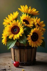 Obraz premium Golden sunflowers overflowing rustic basket, single ripe cherry, dramatic shadow, shadows, plant, still life photography