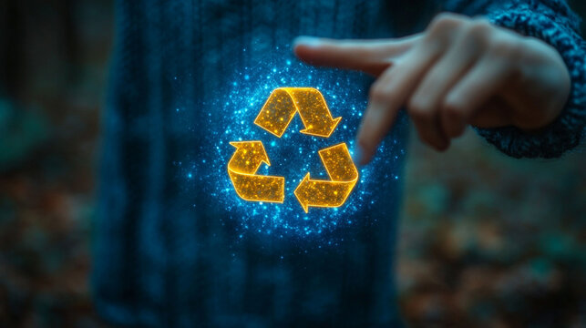 Child's hand points at a glowing recycle symbol in a forest setting. - Powered by Adobe