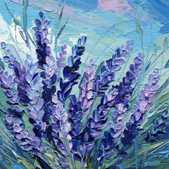 lavender flower painting impasto style purple blossoms on blue sky background textured summer floral art acrylic artwork