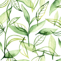Seamless pattern with green botanical leaves. Watercolor illustration with foliage elements on white background. Nature and tea plant motif