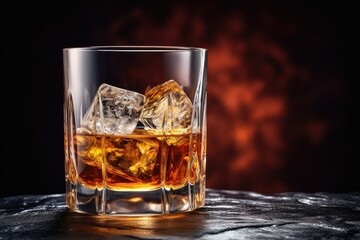 Iced Whiskey Glass on Black Stone Background, Luxury Bourbon with Ice Cubes, Cold Brandy, Whisky