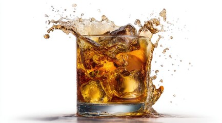 A glass of whiskey with ice and splashing liquid
