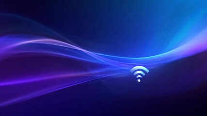 Abstract blue and purple digital waves with glowing Wi-Fi symbol on dark background, ideal for technology, wireless communication, internet, network, or connectivity design projects - Powered by Adobe