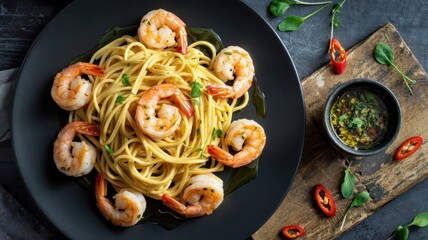 Shrimp scampi linguine from above on black plate with golden pasta, seared jumbo shellfish, herb-infused oil, scattered microgreens and sliced red chilies on stone surface