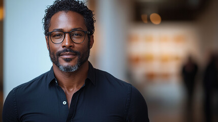 Obraz premium Portrait of a serious, thoughtful man in a black shirt and glasses, standing in an art gallery.
