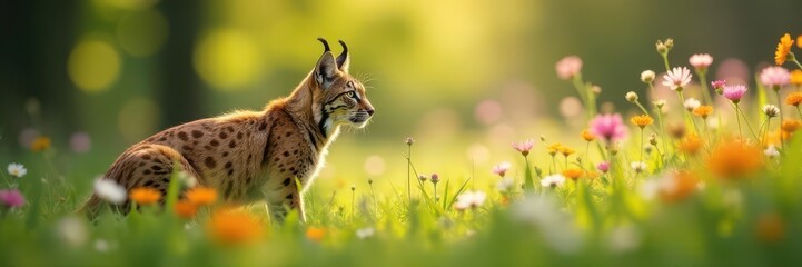 Fototapeta premium Hidden lynx among wildflowers, dappled sunlight, animal, nature
