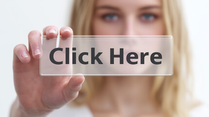 Woman holding a transparent click here button representing call to action concept