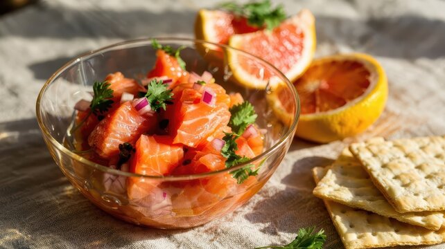 Grapefruit smoked salmon ceviche in clear glass bowl, gourmet marinated dish with citrus segments, red onion, cilantro, garnished with fresh fruit half, house-made crackers, textured linen, dramatic 