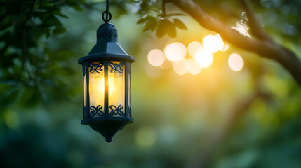 Glowing Lantern Hangs in Green Trees